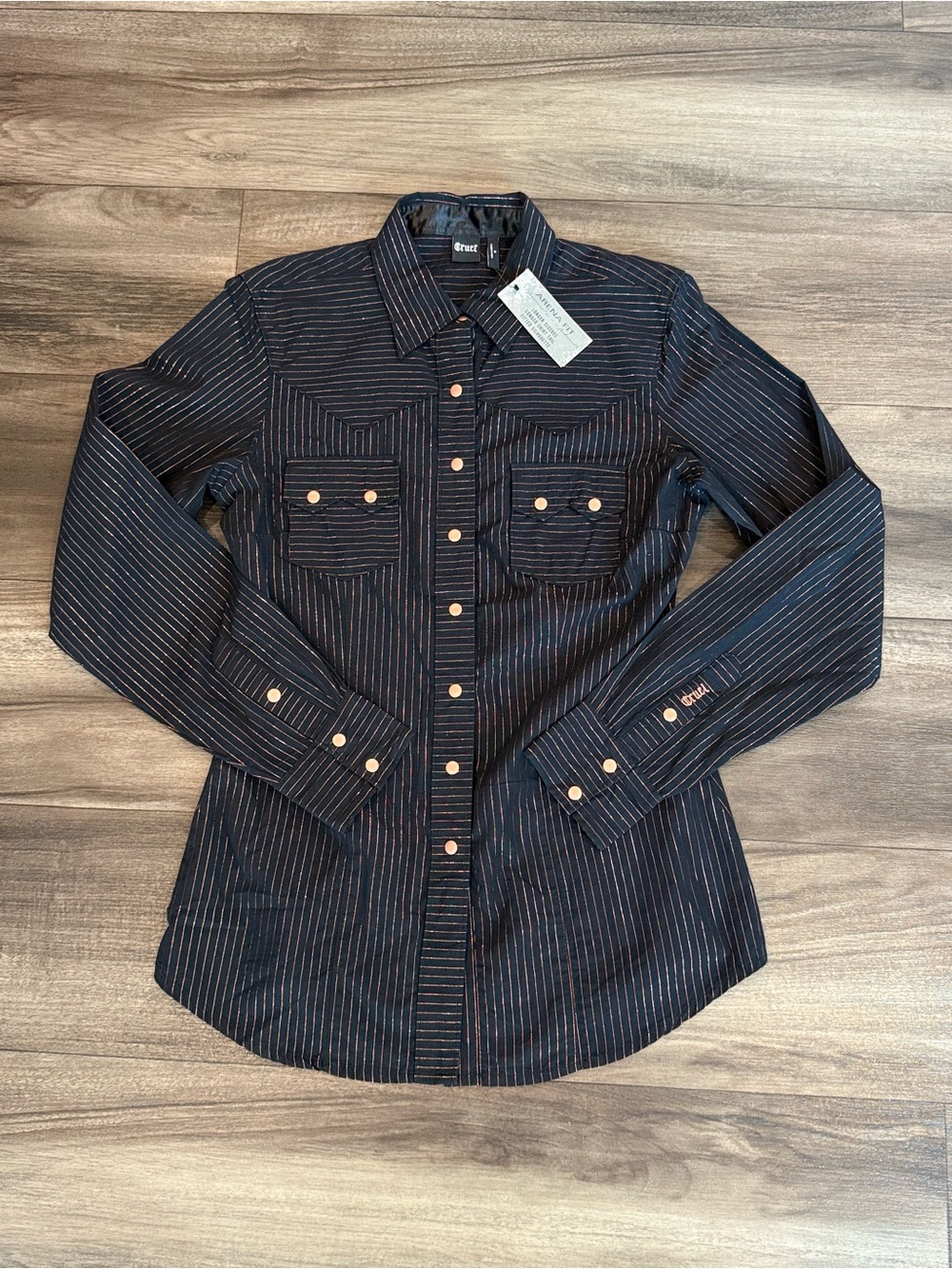 Cruel Denim Black Pinstripe Button-Down Shirt with Copper Buttons